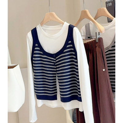韩系叠穿条纹针织吊带背心恤套装