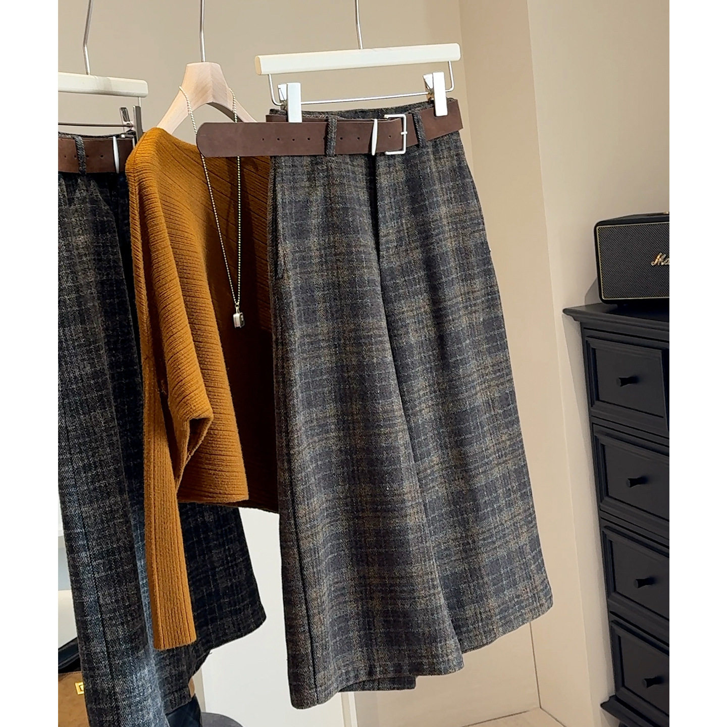 复古毛呢格子高腰休闲裤女2025