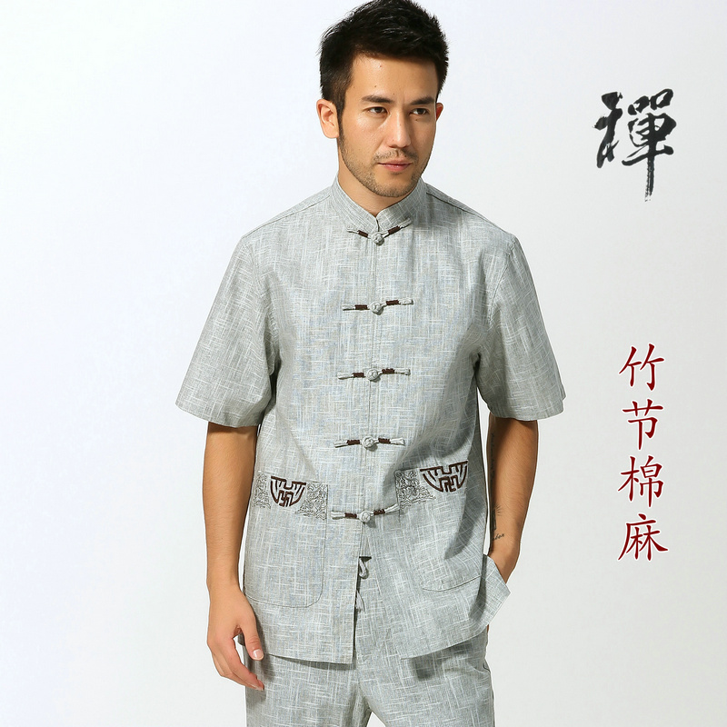 竹节棉麻唐装男士短袖衬衣复古中老年汉服禅修居士服茶服夏装上衣