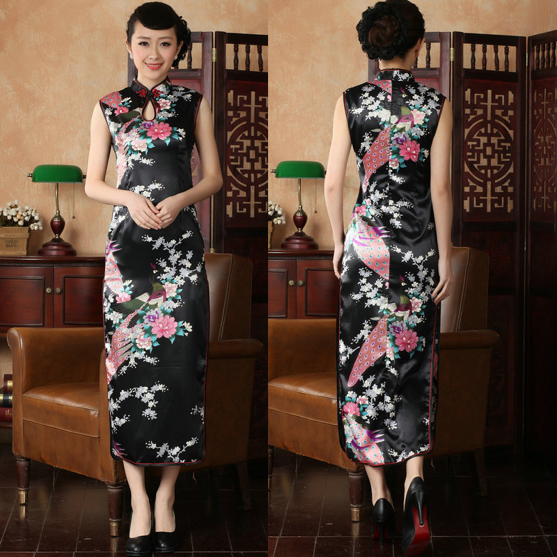  Dripping Peacock Long Cheongsam Black+XL (Reference to about 116 catties)  