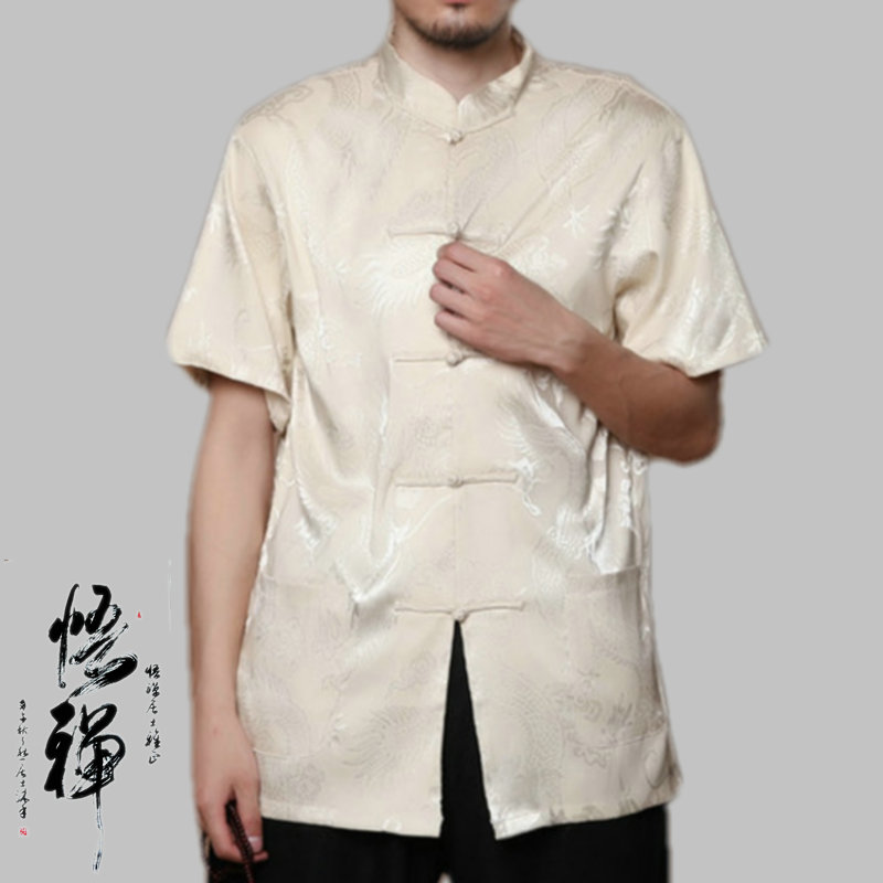 满龙唐装男短袖衬衣夏装汉服居士服工作服男上衣大码男装丝质唐装