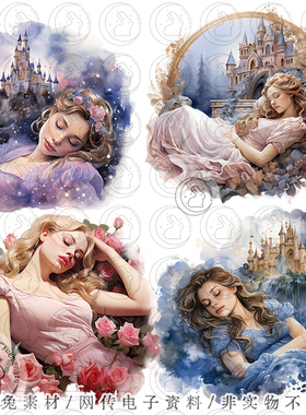 c2856美丽童话睡美人公主插画装饰剪贴画手账png设计素材