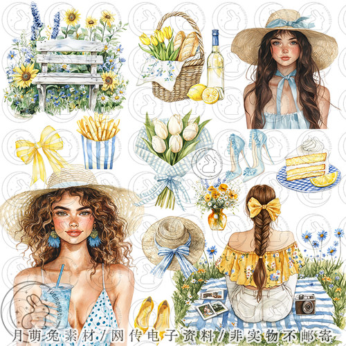 复古小清新夏日女孩手账海报剪贴插画PNG设计素材