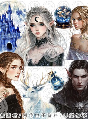 c3031魔幻神秘公主王子精灵插画海报装饰剪贴画手账png设计素材