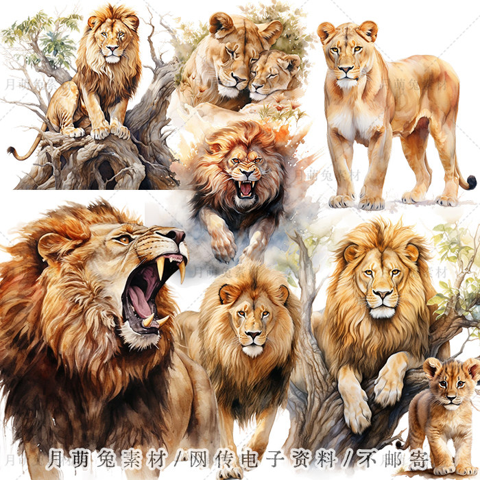 水彩猛兽狮子母狮子幼狮插画卡片海报装饰剪贴画手账png设计素材