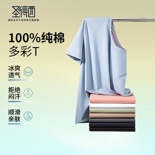 100%棉 新款 圣得西男士 T恤2025年夏季 多彩纯色打底衫 圆领短袖