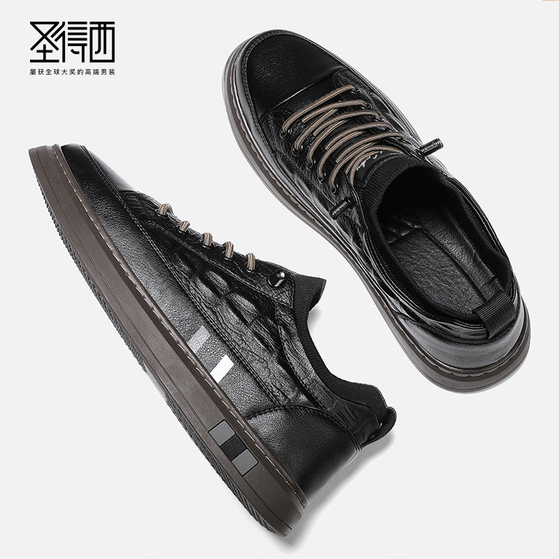 【质感升级】圣得西男鞋2025年秋季款二层牛皮时尚板鞋街头潮鞋