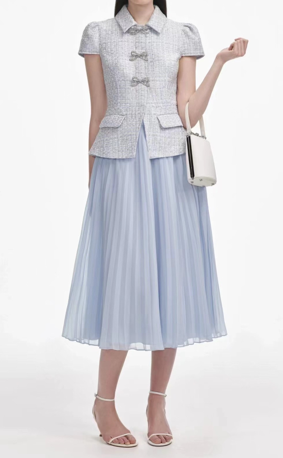 SELF Designer 2025 Spring Blue Bow Tweed Chiffon Dress - Be First! - Main product image from Taobao