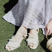 女 交叉一字扣带蕾丝荷叶边日系凉鞋 MJ仙女风木耳边 日系复古法式