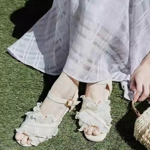 MJ仙女风日系复古荷叶边凉鞋