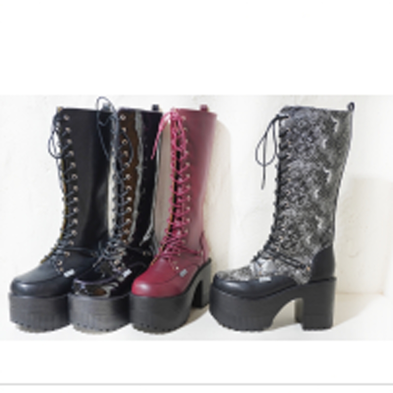 yosu*e高颜值系带高筒靴女日系小众厚底松糕防水台长筒靴机车靴