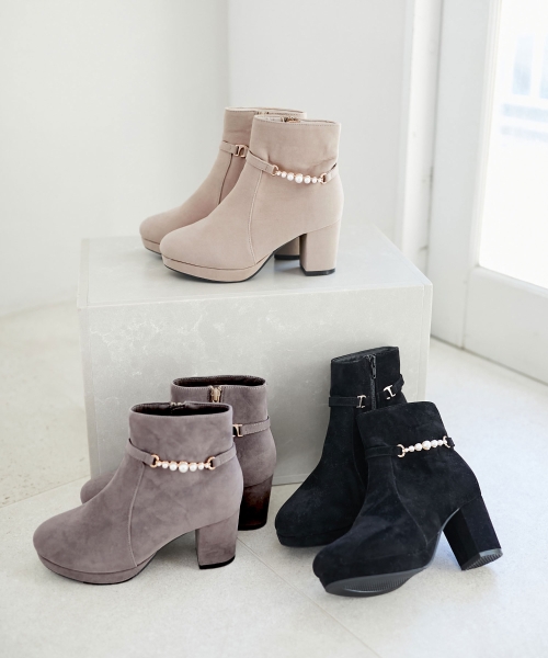 日系淑女风轻熟感珍珠粗跟时装靴