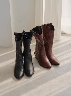 kas时髦帅气！复古刺绣尖头日系中筒靴骑士靴机车靴西部牛仔靴