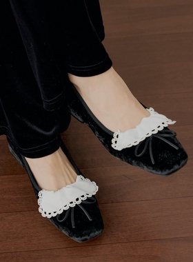 chico甜系小可爱！复古豹纹丝绒蝴蝶结蕾丝边方头日系芭蕾舞鞋