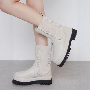 N设计感 ins潮厚底增高英伦马丁靴日系复古风木耳边女中筒靴短靴