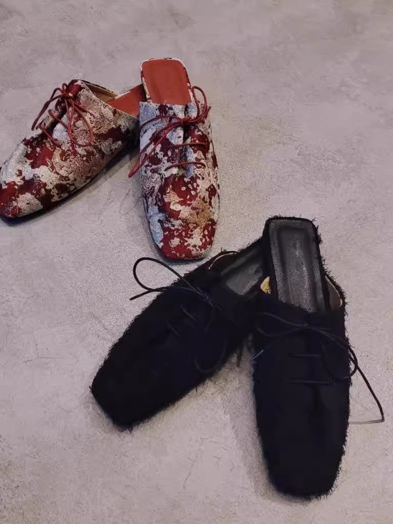 清仓！JS高级感法式轻奢复古文艺褶皱方头包头拖日系女鞋穆勒拖鞋