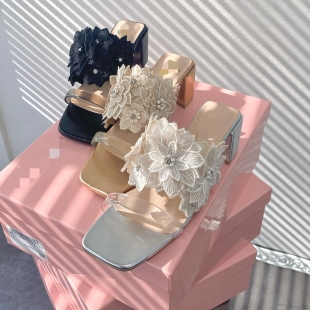 年中清仓68！超仙绝美仙女风立体花朵度假休闲珍珠粗跟高跟凉拖鞋