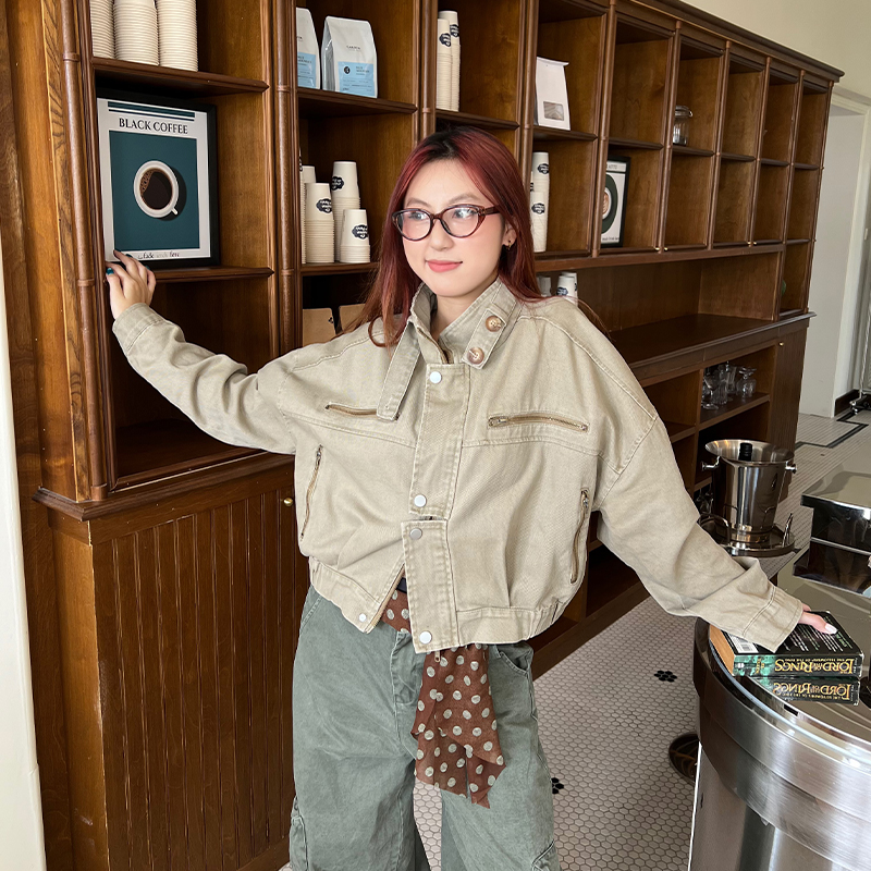 Wild Mi 美式立领秋冬季短款工装夹克女复古宽松街头设计薄款外套