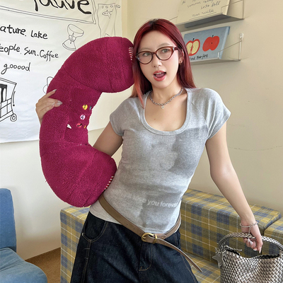 Wild Mi 美式复古印花U领正肩短袖T恤女短款修身显瘦辣妹夏季上衣
