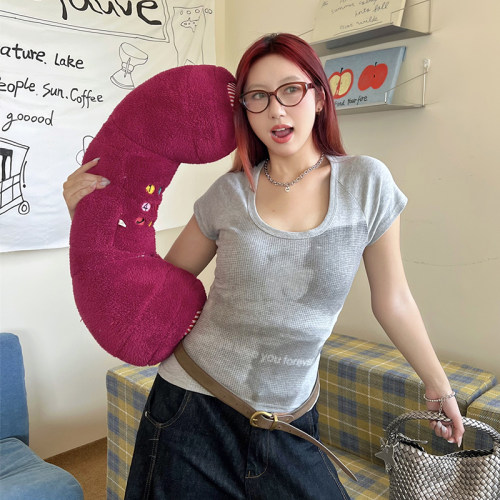 Wild Mi 美式复古印花U领正肩短袖T恤女短款修身显瘦辣妹夏季上衣
