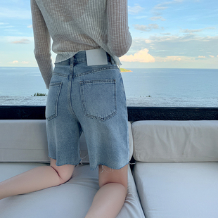 【现货】西草儿6220 蓝色高腰牛仔中裤女夏季薄款毛边休闲四分裤