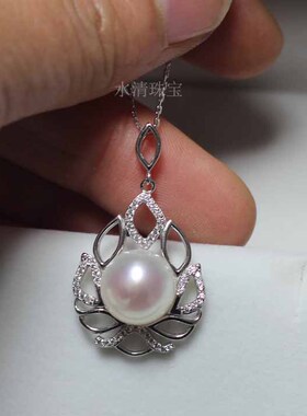 天然淡水珍珠11-13mm强光扁圆馒头圆吊坠S925纯银项链正品特价