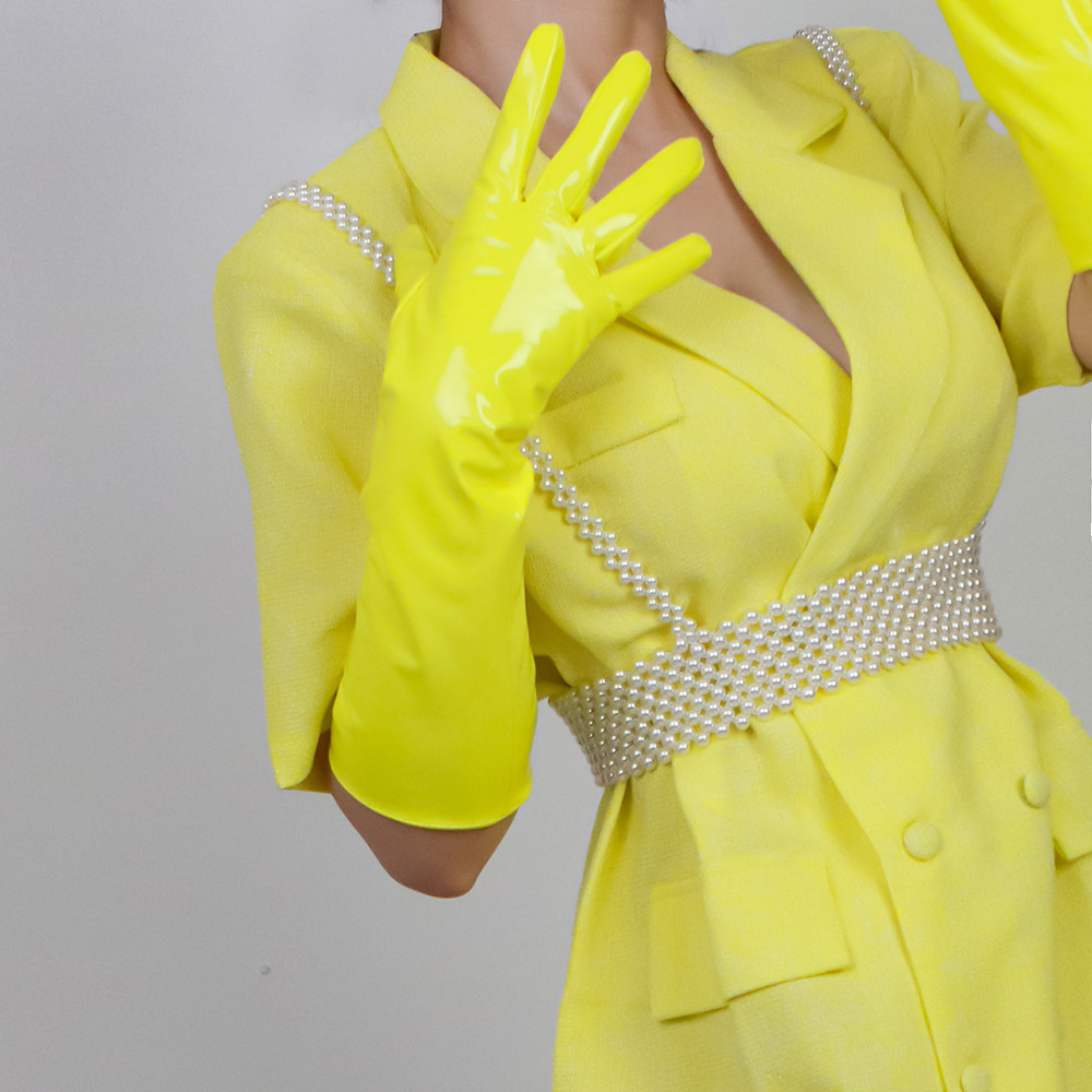 漆皮手套长款  40cm仿真皮pu儿童走秀摄影街头亮面亮黄色道具