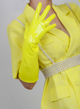 漆皮手套长款  40cm仿真皮PU儿童走秀摄影街头亮面亮黄色道具