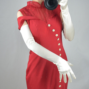 丝绸手套 70cm弹性丝光珠光绸缎面米白色超长款过肘女防晒婚纱