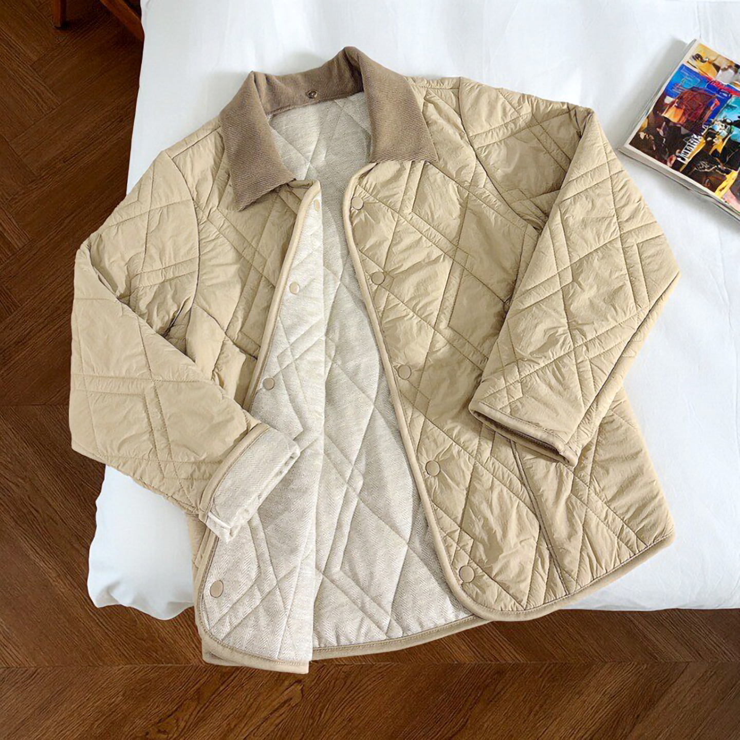 翻领菱格羊毛棉服女秋冬季