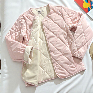 加绒加厚菱格棉衣棉服秋冬 新款 粉色轻薄小棉袄短款 外套女2025冬季
