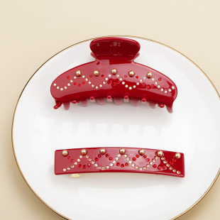 巴黎水晶系列发夹女后脑勺发抓新款 抓夹 高端夹子头饰红色高级法式