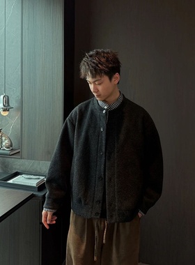 秋冬新款简约百搭休闲宽松复古拼接假两件外套高质感男装开衫上衣