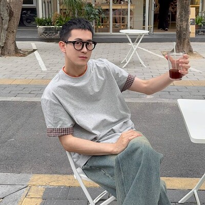 美式复古袖子格子拼接短袖T恤男