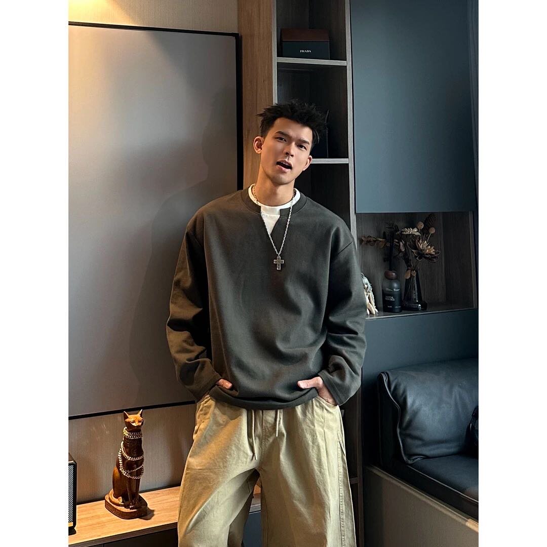 秋冬季重磅纯棉380g假两件设计领口拼色简约百搭时尚宽松卫衣情侣