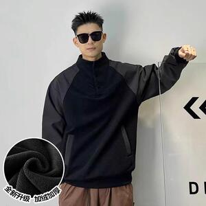 重磅550G潮流立领卫衣男秋冬季潮牌设计感拼接加绒加厚长袖上衣新