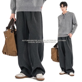 百搭加绒加厚拼接宽松长裤 抽绳卫裤 子 休闲裤 秋冬重磅阔腿弯刀男士