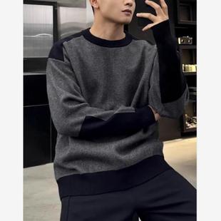 撞色拼接设计款长袖毛衣男高级感圆领加厚针织衫上衣秋冬季百搭潮