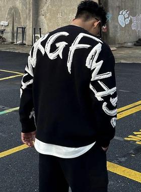 秋冬重磅针织衫男复古字母圆领毛衣男宽松美式痞帅慵懒情侣上衣潮