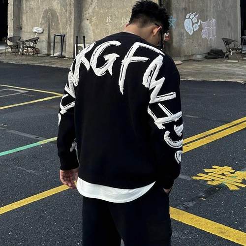 秋冬重磅针织衫男复古字母圆领毛衣男宽松美式痞帅慵懒情侣上衣潮