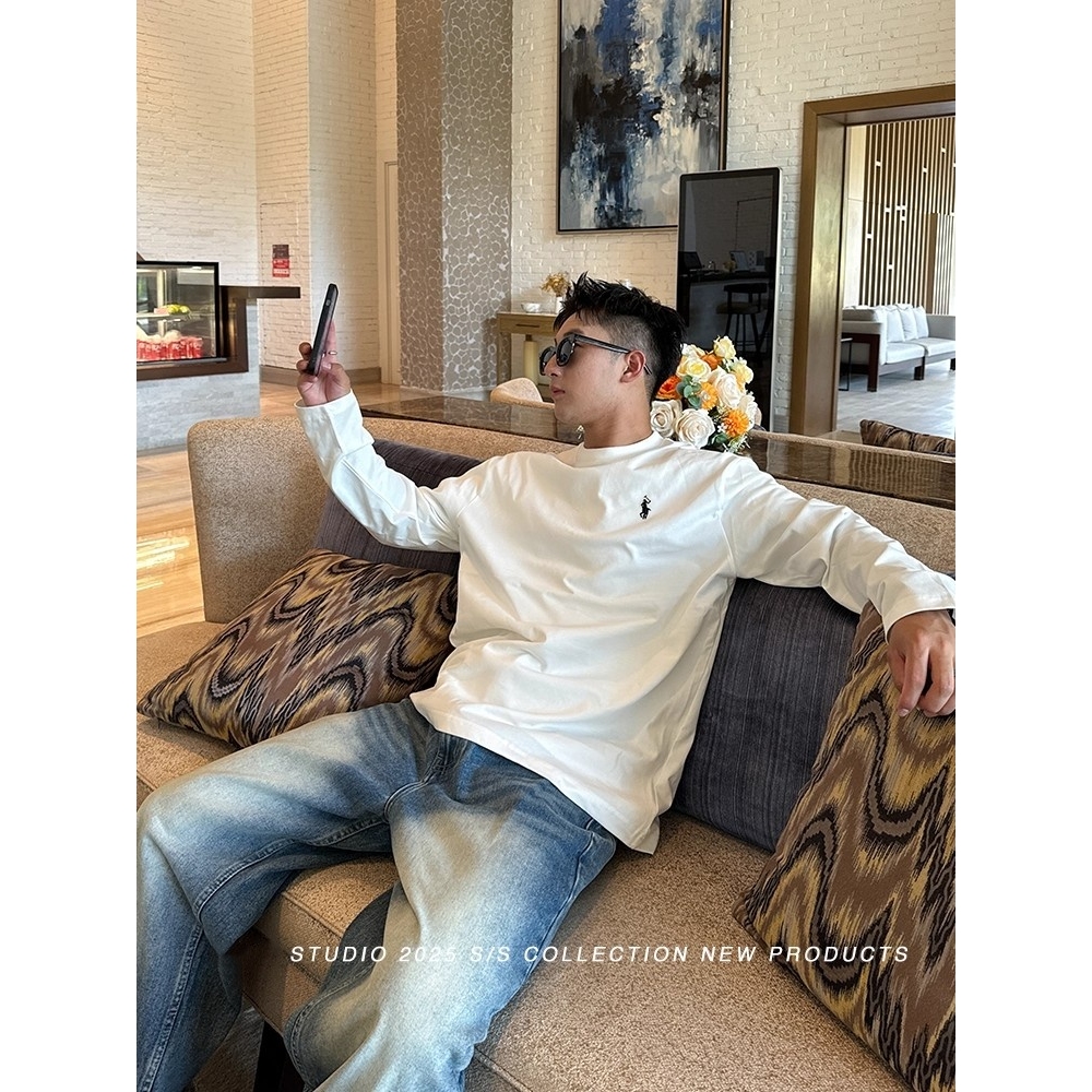 纯棉潮牌刺绣男士长袖t恤男打底