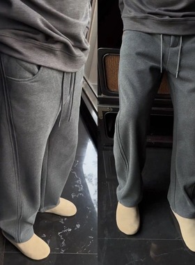 冬季重磅加绒加厚卫裤男复古纯色百搭宽松直筒裤立体剪裁休闲长裤