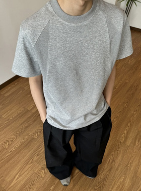 夏季重磅纯棉300G正肩短袖男美式休闲复古小领口螺纹拼接T恤百搭