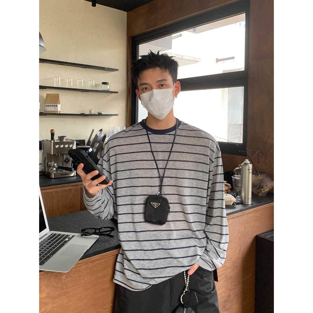 美式薄款慵懒风条纹撞色长袖T恤