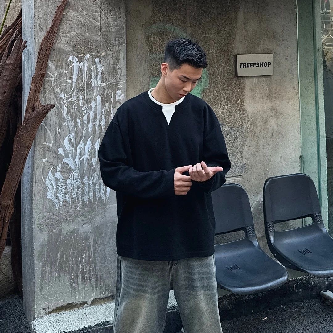 秋冬重磅拼色长袖男百搭痞帅上衣