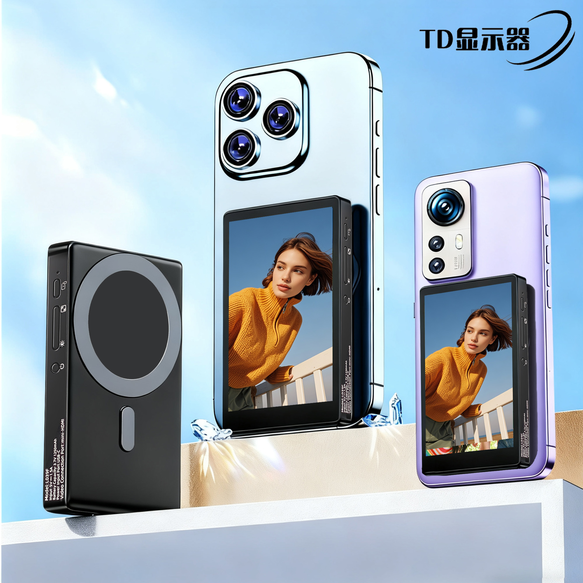 4寸无线投屏器磁吸自拍显示苹果手机即吸即用带电池续航直播自拍