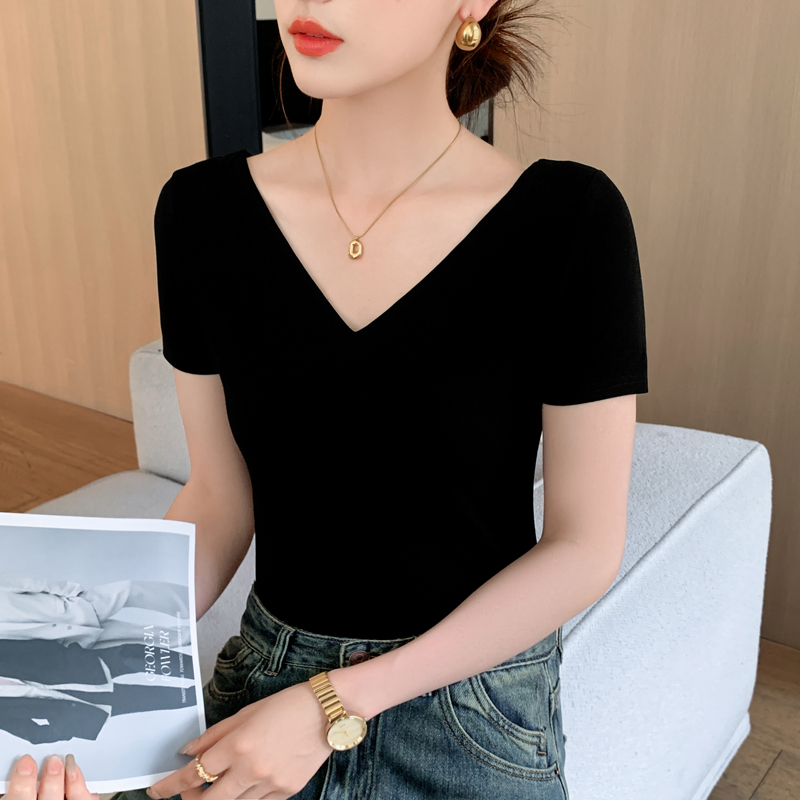 港风黑色短袖V领t恤女夏2