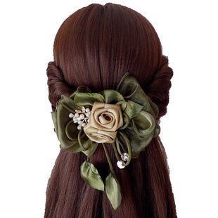 低马尾后脑勺弹簧夹新款墨绿色立体蝴蝶结布艺编发发夹盘发扭扭夹