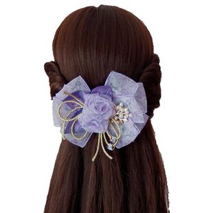 送女生礼物紫色蝴蝶结花朵绢纱卡子成人优雅顶夹扭扭夹马尾弹簧夹
