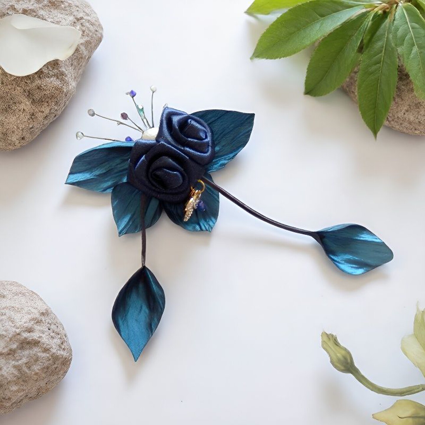 胸针国风藏青色玫瑰花朵复古胸花手工缎带饰品衣裙别针装饰配饰